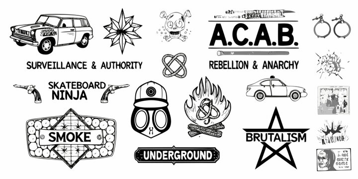 Collection of black and white sketches featuring symbols of protest and counterculture