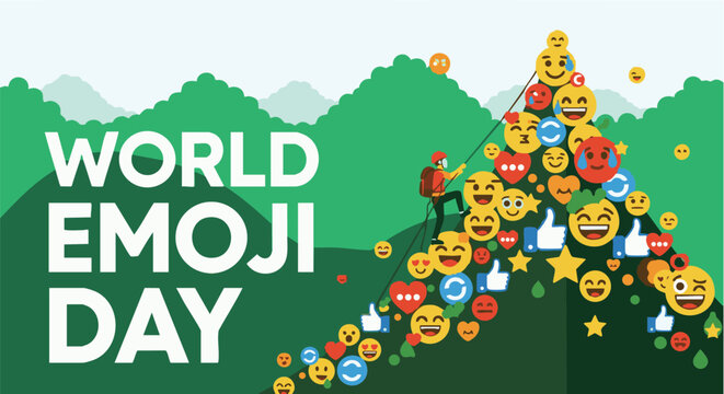 Colorful Cartoon Emoji Tree Illustration, World Emoji Day Poster Designs for Social Media Marketing with Yellow Smileys, Stars, Blue Sky and Green Mountains Landscape Banners