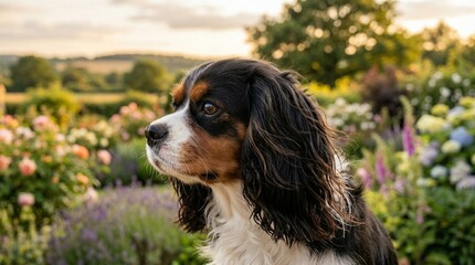 Fototapeta premium Tricolor Cavalier King Charles Spaniel profile in a summer garden