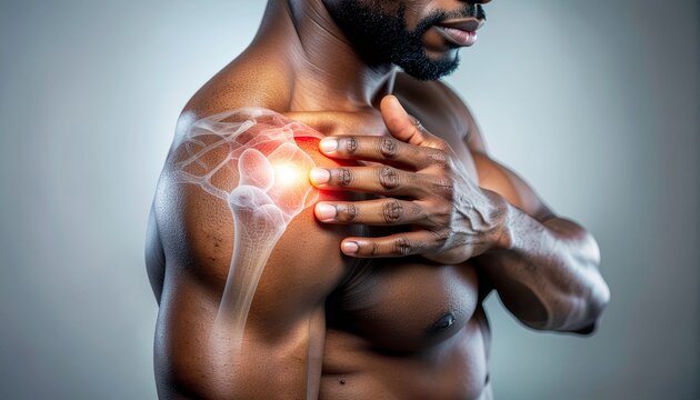 Close-up of a person holding a painful shoulder with highlighted joint anatomy, illustrating rotator cuff injury, inflammation, orthopedic disorders, rehabilitation, and chronic pain management.
