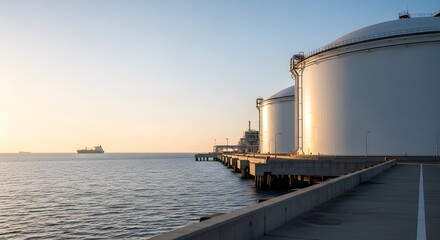 Obraz premium Large white industrial storage tanks for liquefied natural gas stand on a pier by the sea at sunset.