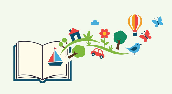 An open book releasing whimsical scenes a delightful silhouette on transparent background