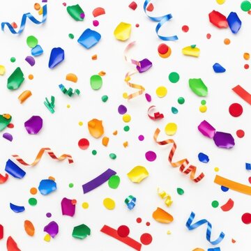 Multicolored confetti and paper streamers scattered on white background