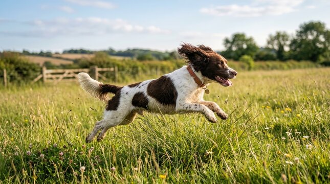 A lively English Springer Spaniel runs through a grassy field. The dog leaps with enthusiasm, its fur blowing in the wind.