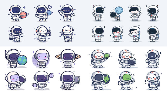 Cute astronaut character set with funny poses and space objects in cartoon style for kids education stickers games and playful technology design