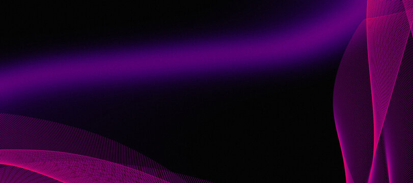 Vibrant purple and pink abstract waves on black background with glowing effect and mesh texture