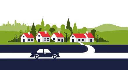 Naklejka premium Charming houses and a car on a winding road silhouette on transparent background