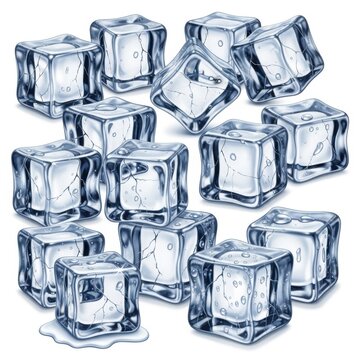 Collection of transparent ice cubes with cracks and bubbles