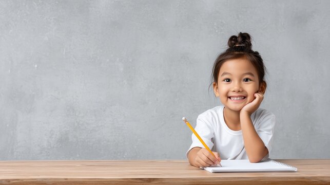Happy child holding a pencil and writing on a paper at a desk