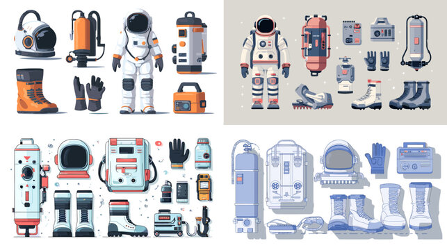 Astronaut equipment and space gear icon set with suits helmets backpacks and tools in flat style for science education technology design and space exploration themes