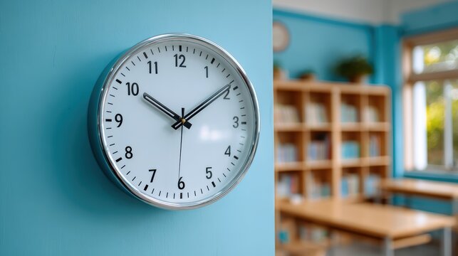 A classroom wall clock with a metallic texture showing time on a blue wall