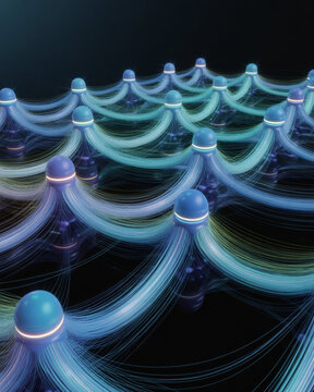 Symmetric grid of glowing blue jellyfish shaped nodes with flowing fiber optic light strands.