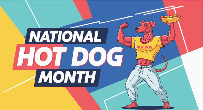Cartoon devil holding hot dog in playful colorful illustration for food marketing