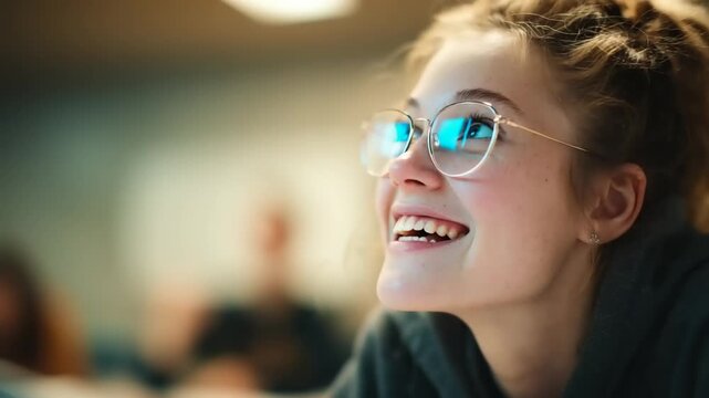 Young woman smiling in classroom with peers engaged