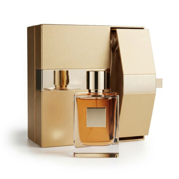 Glass perfume bottle with amber liquid and gold gift box packaging