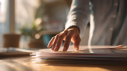 Fototapeta premium Digital concept showing hand organizing paper stack on wooden table with warm sunlight creating calm and focused atmosphere