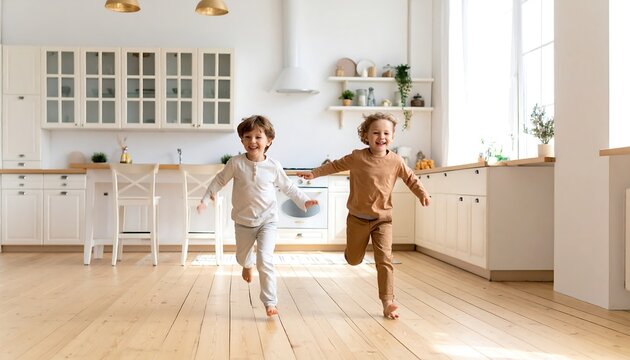 Two children running in a kitchen.
