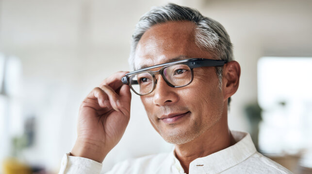 Digital technology concept with mature man wearing smart glasses and smiling gently in bright modern office