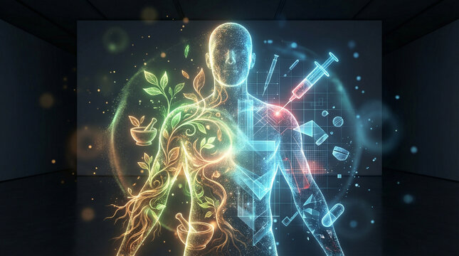 glowing human figure blends botanical elements with pharmaceutical pills, syringe digital health waveforms. integrative medicine, biotechnology, personalized treatment, fusion of nature and technology