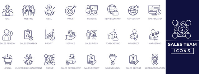 Sales team line icon set. Prospect, conversion, sales reports, marketing, sales funnel, lead generation and business workflow and more. Perfect outline icon collection. © SokretiRani