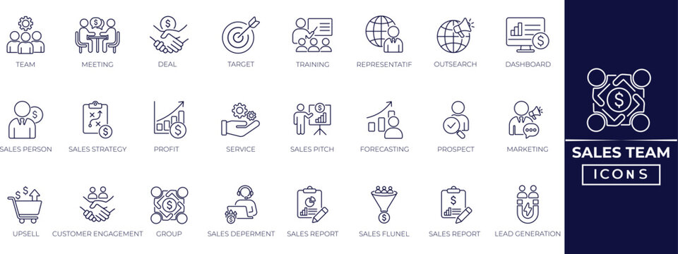 Sales team line icon set. Prospect, conversion, sales reports, marketing, sales funnel, lead generation and business workflow and more. Perfect outline icon collection.
