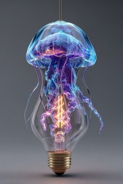 Surreal Glass Lightbulb with Glowing Neon Jellyfish Inside