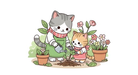 Fototapeta premium mother an cat kitten in the garden watery a flower