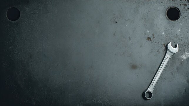 Top down view of a dark grey industrial workbench, a wrench and some bolts in the corner, huge empty center for text