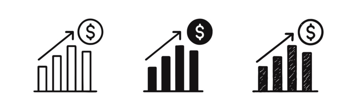 Financial Growth Bar Chart Icon Set - Business Success, Profit Increase, and Investment ROI Symbols