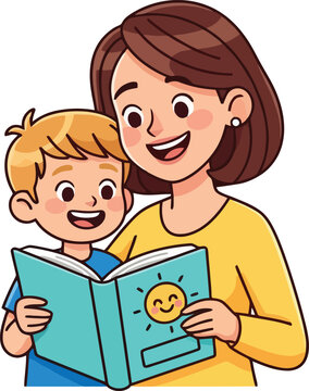 Smiling woman and child reading book together.