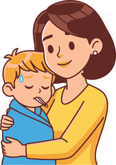 Fototapeta premium Mother comforting sick child with thermometer.