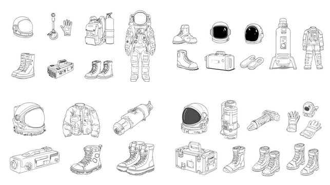 Space travel icon set with astronaut helmet rocket boots backpack and equipment in hand drawn outline style for science education posters and creative design