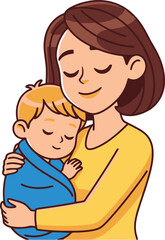 Fototapeta premium A cartoon woman hugging a sleeping baby.