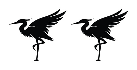 Fototapeta premium Minimalist heron silhouette vector, elegant black crane bird icons, standing egret with spread wings, wildlife nature logo set on white background