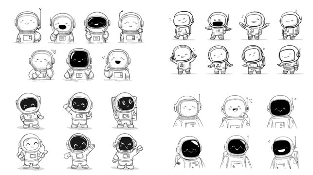 Funny astronaut doodle set with cute space characters and tiny aliens in simple hand drawn style for nursery posters stickers games and creative design