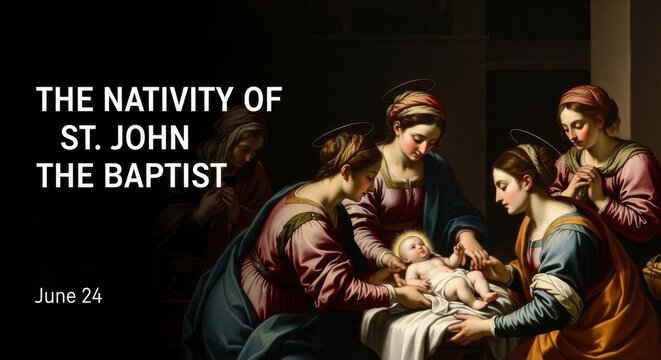 Biblical scene of women gathered around baby St. John the Baptist
