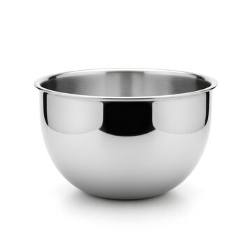Empty polished stainless steel mixing bowl on white background