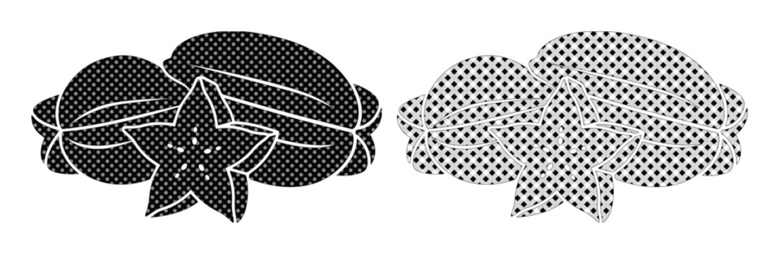 Vintage carambola starfruit vector illustrations, retro halftone tropical fruit icons, black and white organic food silhouettes for packaging design