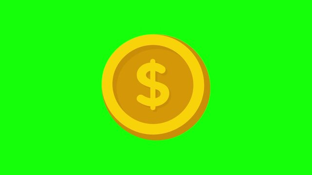 Gold coin money with animated dollar sign cartoon vector icon. Simple business income idea, cash, savings symbol. Popup animation green screen background template