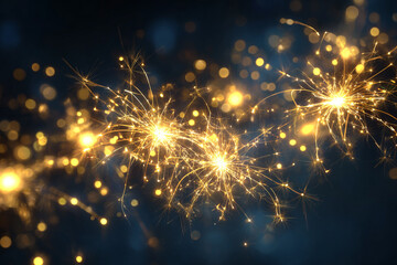 Obraz premium sparkling golden fireworks on a dark background with bokeh lights
