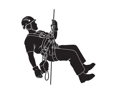 construction worker silhouette, worker hanging safety rope vector, rope access worker silhouette, construction climber silhouette, industrial rope worker vector illustration, high rise worker rope sil