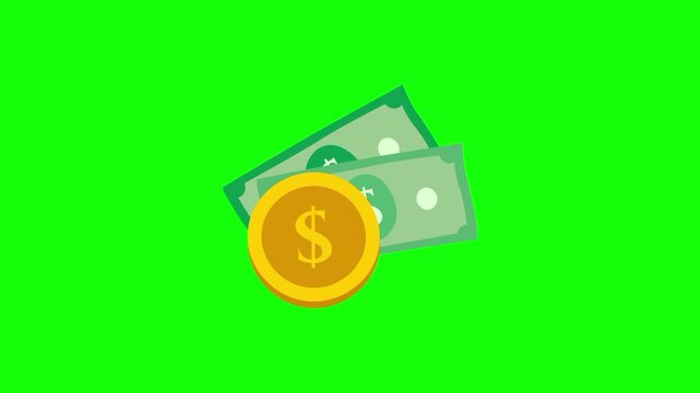 Dollar cash money paper and gold coins. Single animated cartoon vector icon. Simple business income idea, finance, economic symbol. Popup animation green screen background template