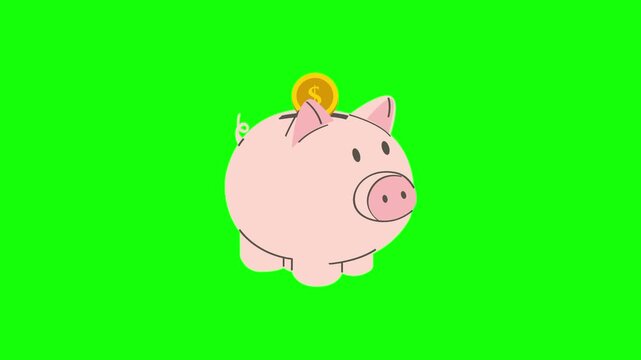 Piggybank, piggy bank and gold coin money savings. Animated cartoon vector icon. Simple business income idea, finance, investment symbol. Popup animation green screen background template