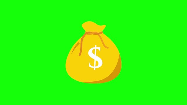 Gold money bag with animated dollar sign cartoon vector icon. Simple business income idea, cash, savings symbol. Popup animation green screen background template