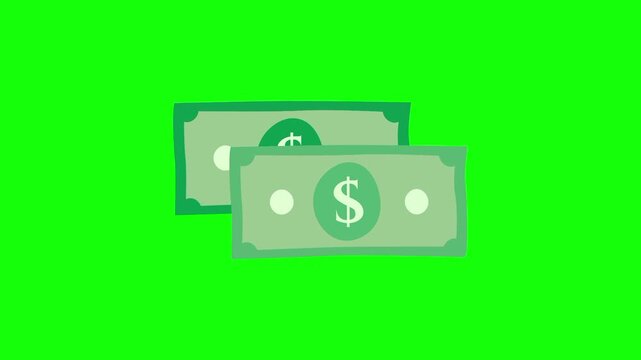 Dollar cash money paper. Single animated cartoon vector icon. Simple business income idea, finance, economic symbol. Popup animation green screen background template