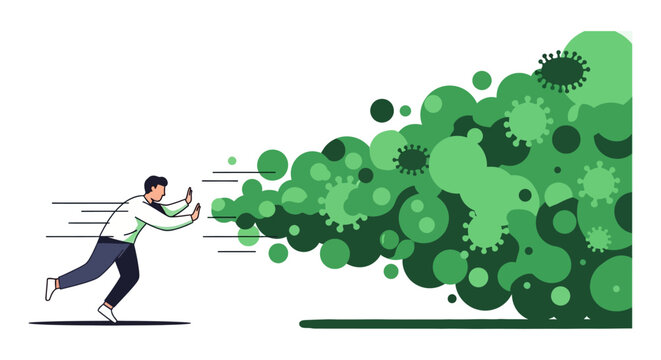 a man actively pushes against an oncoming cloud of green virus particles symbolizing disease prevention and public health defense