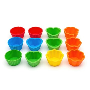 Colorful silicone baking cups in heart, round, and flower shapes