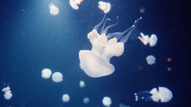 "Experience the ethereal dance of the Blubber Jellyfish (Catostylus mosaicus) as it glides through the deep blue. This footage captures the rhythmic, pulsing movement of these translucent creatures, h