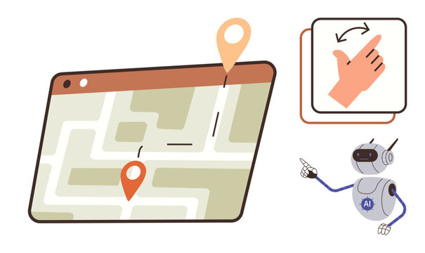 Navigation, artificial intelligence, user interface, gesture control, map technology, digital location. Map with location pins, AI robot and zoom hand gesture icon. Navigation and artificial