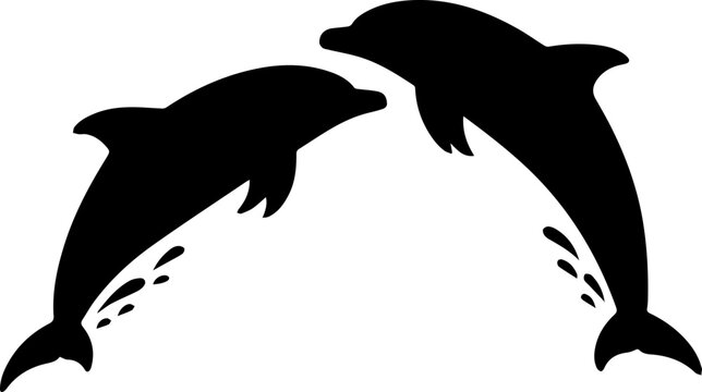 Black Silhouette of Two Dolphins Jumping and Splashing Water Vector Illustration